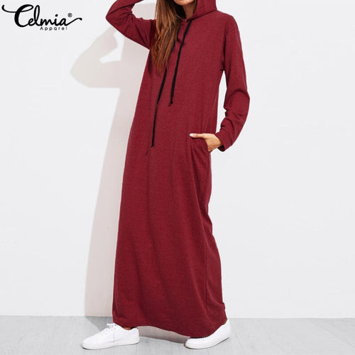 Celmia Plus Size Women Maxi Dress Autumn Hooded Dress Sweatshirt Female Long Sleeve Hoodies Winter Pullover Vestido Robe Femme
